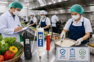 Petugas inspeksi melakukan pemeriksaan higiene sanitasi di dapur SPPG menggunakan food thermometer dan pH meter, sementara penjamah pangan menyiapkan makanan dengan APD lengkap di dapur komersial yang bersih.