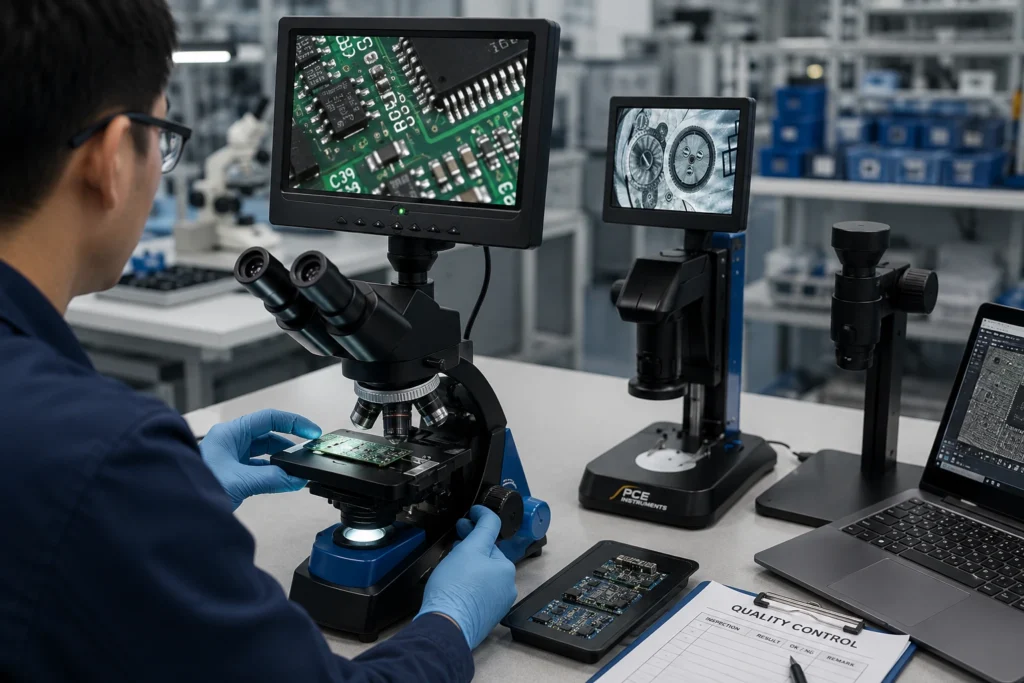 Petugas quality control menggunakan digital microscope untuk memeriksa PCB dan komponen elektronik pada proses inspeksi kualitas di industri manufaktur.