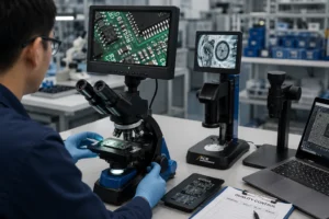 Petugas quality control menggunakan digital microscope untuk memeriksa PCB dan komponen elektronik pada proses inspeksi kualitas di industri manufaktur.
