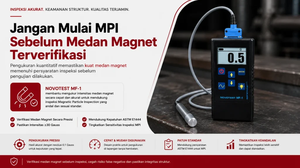 verifikasi kuat medan magnet minimum 30 gauss sebelum inspeksi partikel magnetik menggunakan novotest mf-1