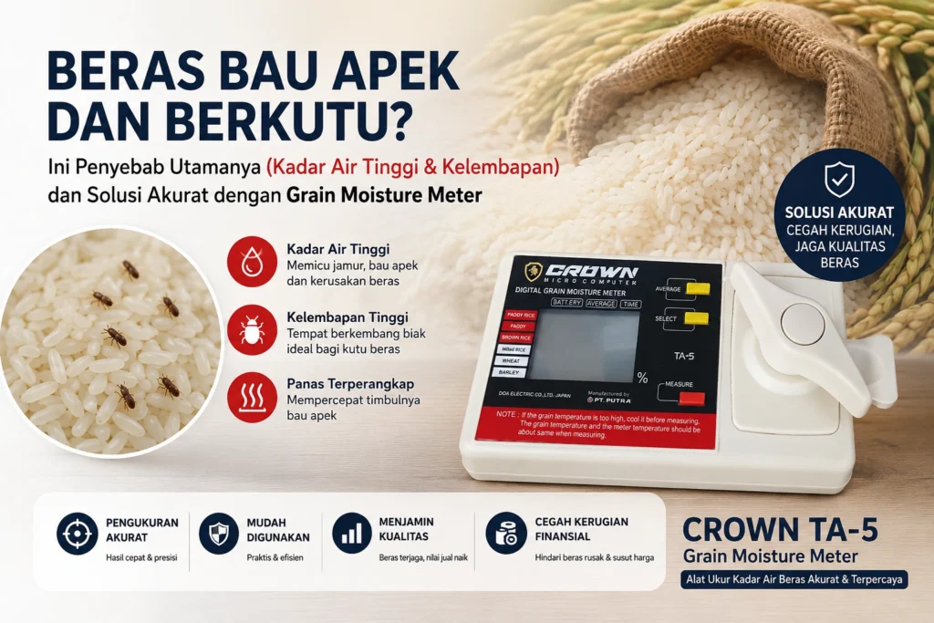 Feature image Grain Moisture Meter CROWN TA-5 untuk mengukur kadar air beras secara akurat, dengan ilustrasi beras berkutu dan pesan tentang penyebab beras bau apek akibat kadar air serta kelembapan tinggi.