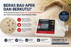 Feature image Grain Moisture Meter CROWN TA-5 untuk mengukur kadar air beras secara akurat, dengan ilustrasi beras berkutu dan pesan tentang penyebab beras bau apek akibat kadar air serta kelembapan tinggi.