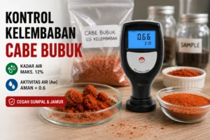 Water Activity Meter digunakan untuk menguji kelembaban pada cabai bubuk yang menggumpal sebagai langkah pencegahan jamur dan penurunan kualitas produk.