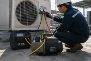 Teknisi HVAC melakukan proses vacuum refrigerant menggunakan vacuum pump, digital manifold gauge, dan unit outdoor AC untuk menghilangkan udara serta moisture sebelum pengisian refrigerant.