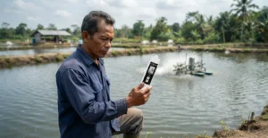 Petambak ikan sedang mengukur kualitas air tambak menggunakan alat ukur portabel untuk memantau parameter air budidaya.