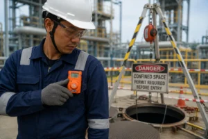 Pekerja Indonesia mengenakan APD menggunakan Clip SGD O2 personal oxygen detector untuk memantau kadar oksigen sebelum memasuki ruang terbatas di area industri.