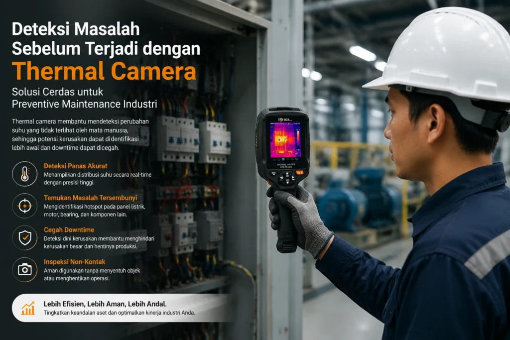 Teknisi industri Indonesia menggunakan thermal camera untuk inspeksi panel listrik dan mendeteksi overheating sebagai bagian dari preventive maintenance.