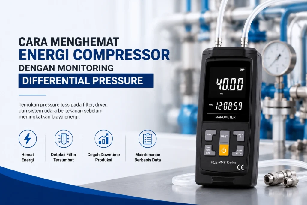 Differential Pressure Meter PCE-PME 40 untuk monitoring pressure loss pada sistem udara bertekanan dan menghemat energi compressor