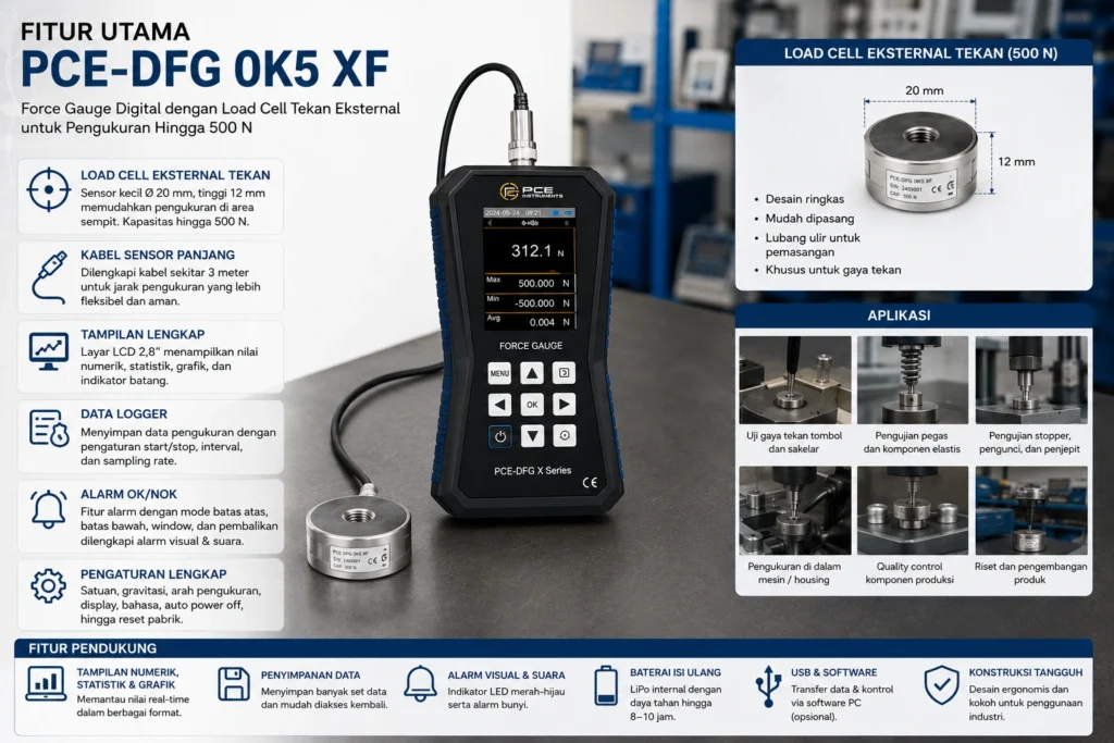 Teknisi Indonesia mengenakan seragam berlogo JVM menggunakan Digital Force Gauge PCE-DFG 0K5 XF dengan load cell tekan eksternal 500 N untuk melakukan pengukuran gaya tekan pada area pengujian yang sulit dijangkau di lingkungan laboratorium industri.