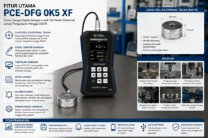 Teknisi Indonesia mengenakan seragam berlogo JVM menggunakan Digital Force Gauge PCE-DFG 0K5 XF dengan load cell tekan eksternal 500 N untuk melakukan pengukuran gaya tekan pada area pengujian yang sulit dijangkau di lingkungan laboratorium industri.