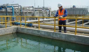 Teknisi sedang mengukur kualitas air di instalasi pengolahan air menggunakan alat ukur portabel dengan probe yang dicelupkan ke dalam bak pengolahan.
