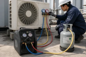 Teknisi HVAC melakukan proses refrigerant recovery menggunakan recovery machine, manifold gauge, dan recovery cylinder pada unit outdoor AC sebelum pekerjaan maintenance.