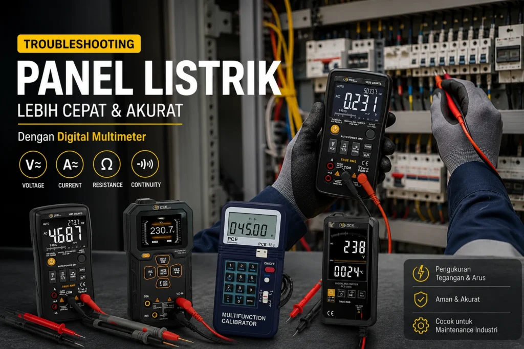 Teknisi melakukan troubleshooting panel listrik menggunakan digital multimeter PCE Instruments untuk mengukur tegangan pada panel kontrol industri. Beberapa model digital multimeter ditampilkan sebagai rekomendasi alat ukur untuk kebutuhan maintenance dan diagnosis sistem kelistrikan.