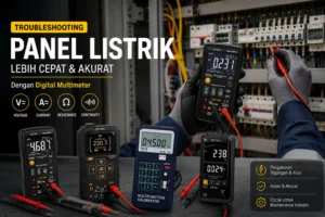 Teknisi melakukan troubleshooting panel listrik menggunakan digital multimeter PCE Instruments untuk mengukur tegangan pada panel kontrol industri. Beberapa model digital multimeter ditampilkan sebagai rekomendasi alat ukur untuk kebutuhan maintenance dan diagnosis sistem kelistrikan.