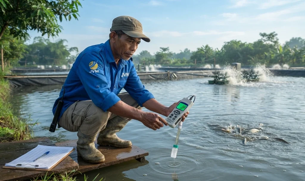 Petambak sedang mengukur kualitas air kolam budidaya ikan menggunakan alat ukur portabel untuk memantau kondisi air secara langsung.