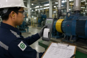 Teknisi mencatat hasil pengukuran suhu menggunakan termometer inframerah dengan data logger
