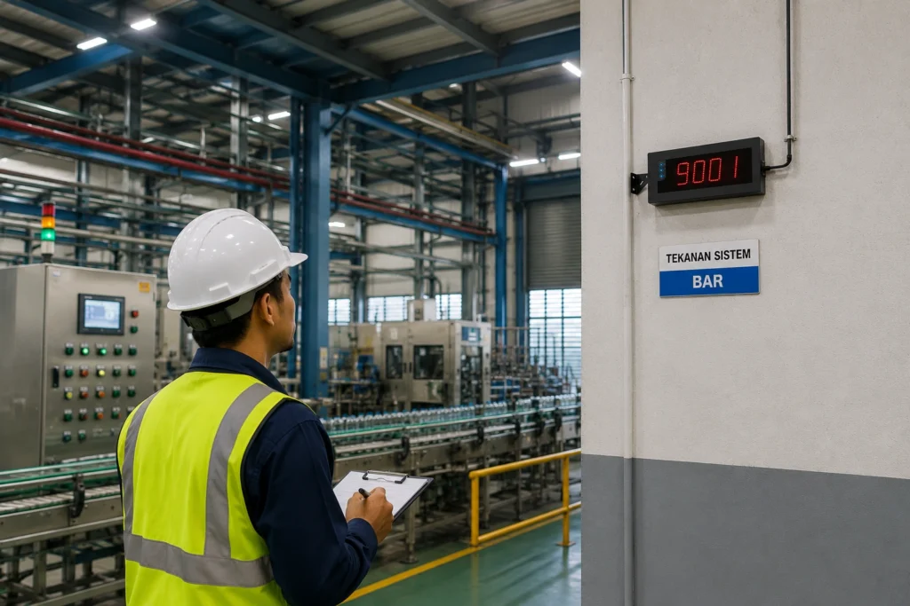 Operator membaca data proses produksi pada display industri LED berukuran besar