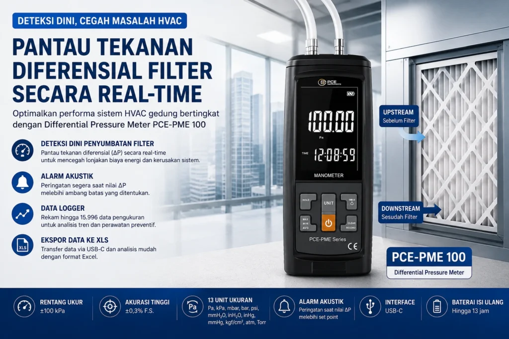 Differential Pressure Meter PCE-PME 100 digunakan untuk memantau tekanan diferensial filter HVAC secara real-time guna mendeteksi penyumbatan filter dan menjaga efisiensi sistem pendingin gedung.