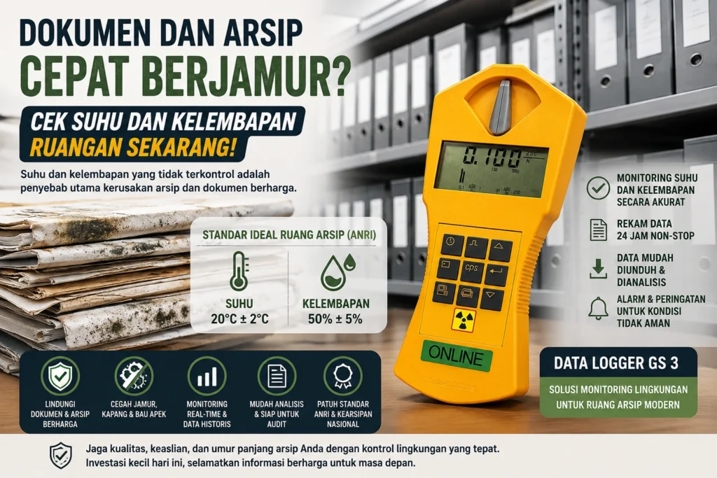 Feature image menampilkan tumpukan dokumen dan arsip yang berjamur akibat kelembapan tinggi di ruang penyimpanan. Di sisi kanan terdapat Data Logger GS 3 sebagai solusi untuk memantau suhu dan kelembapan ruangan secara real-time guna mencegah kerusakan arsip.