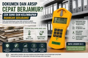 Feature image menampilkan tumpukan dokumen dan arsip yang berjamur akibat kelembapan tinggi di ruang penyimpanan. Di sisi kanan terdapat Data Logger GS 3 sebagai solusi untuk memantau suhu dan kelembapan ruangan secara real-time guna mencegah kerusakan arsip.
