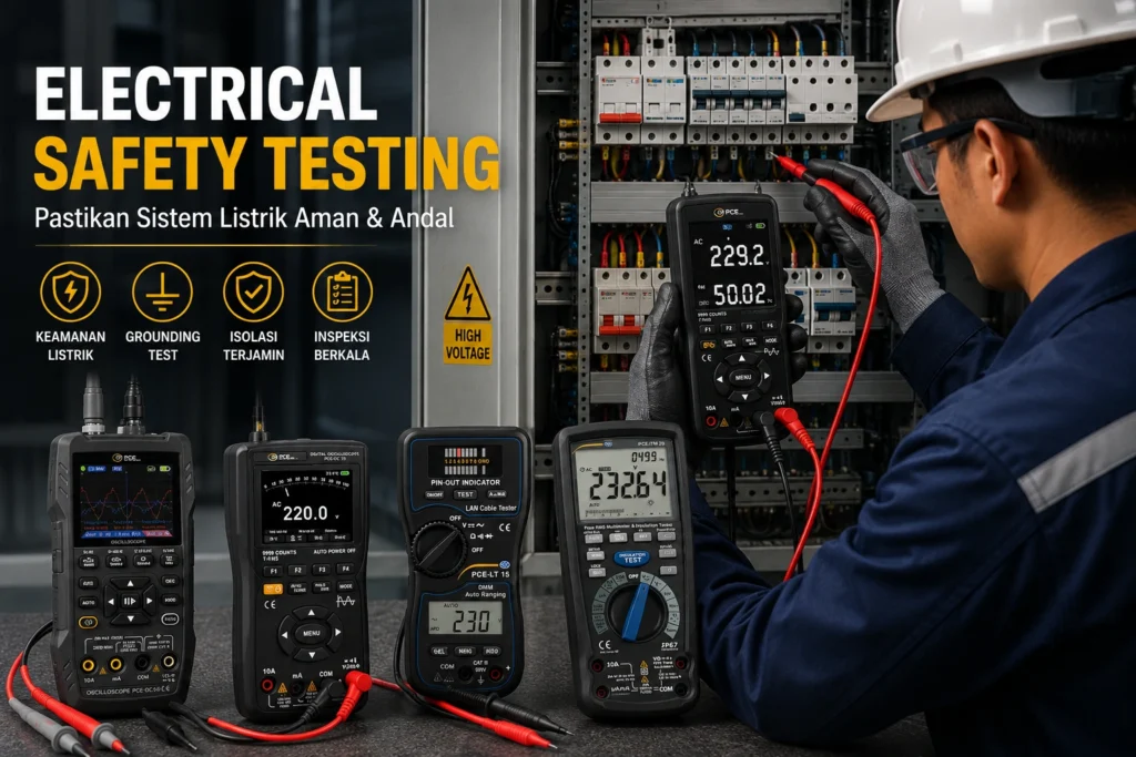 Teknisi melakukan electrical safety testing pada panel listrik industri menggunakan electrical safety tester untuk memeriksa kondisi instalasi, tegangan, dan keamanan sistem kelistrikan.