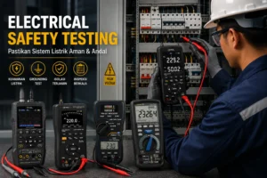 Teknisi melakukan electrical safety testing pada panel listrik industri menggunakan electrical safety tester untuk memeriksa kondisi instalasi, tegangan, dan keamanan sistem kelistrikan.