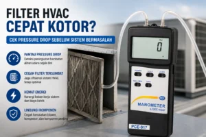 Feature image menampilkan Differential Pressure Gauge PCE-917 di depan ilustrasi sistem HVAC dengan filter udara. Visual menyoroti pentingnya pengukuran pressure drop untuk mendeteksi filter HVAC yang mulai tersumbat sebelum menurunkan performa sistem.
