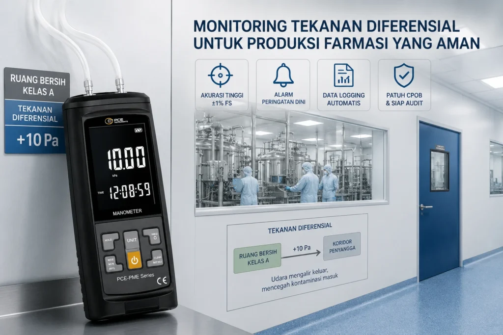 Differential Pressure Meter PCE-PME 10 digunakan untuk memantau tekanan diferensial di ruang bersih (cleanroom) farmasi, dengan latar fasilitas produksi steril serta ikon fitur seperti akurasi tinggi, alarm peringatan dini, dan data logging otomatis.