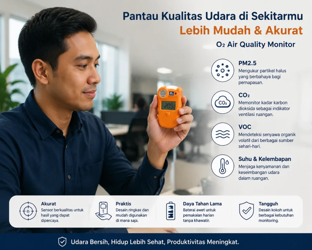 Orang Indonesia menggunakan alat air quality monitor portabel untuk mengukur kualitas udara dalam ruangan dengan parameter PM2.5, CO₂, VOC, suhu, dan kelembapan.