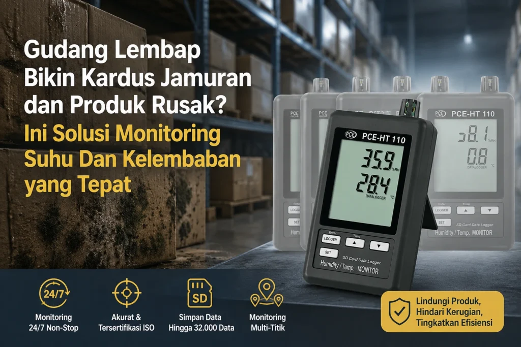 Feature image menampilkan gudang penyimpanan dengan kardus yang lembap dan berjamur sebagai ilustrasi dampak kelembapan tinggi. Di sisi kanan terdapat data logger suhu dan kelembapan PCE-HT 110 sebagai solusi monitoring 24/7 untuk menjaga kondisi gudang dan mencegah kerusakan produk.