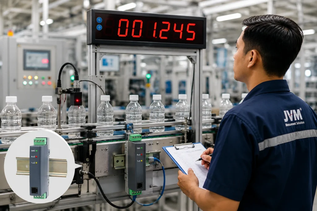 Teknisi memeriksa sensor pulsa dan display penghitung produk pada jalur conveyor