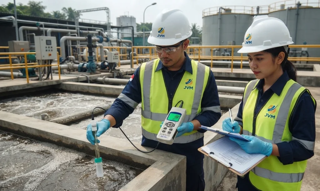Dua teknisi sedang mengukur kualitas air limbah di instalasi pengolahan air menggunakan alat ukur portabel sambil mencatat hasil pengujian.