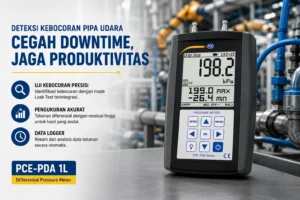 Differential Pressure Meter PCE-PDA 1L digunakan untuk mendeteksi kebocoran pada sistem pipa udara bertekanan di lingkungan industri manufaktur dengan pengukuran tekanan diferensial yang presisi.