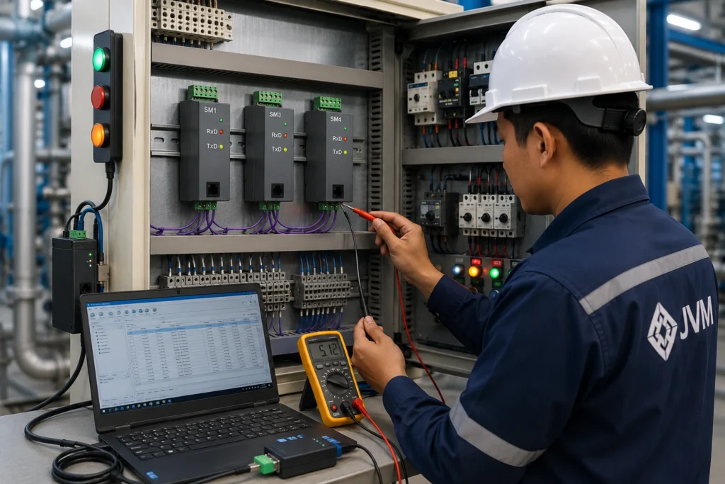 Teknisi memeriksa kabel dan parameter komunikasi RS485 Modbus pada panel kontrol industri