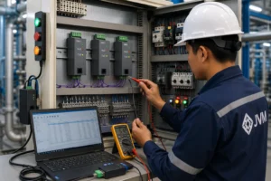 Teknisi memeriksa kabel dan parameter komunikasi RS485 Modbus pada panel kontrol industri