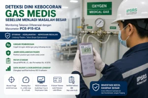 Teknisi IPSRS rumah sakit menggunakan Differential Pressure Manometer PCE-P15-ICA untuk mendeteksi kebocoran gas medis pada sistem distribusi oksigen dengan pengukuran tekanan diferensial yang akurat.