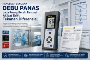 Differential Pressure Manometer PCE-P01 dengan sertifikat kalibrasi ISO ditampilkan di lingkungan ruang bersih farmasi untuk memantau tekanan diferensial dan mencegah kontaminasi akibat drift tekanan.