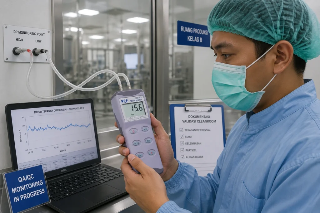 Teknisi QA/QC Indonesia menggunakan Differential Pressure Manometer PCE-P30-ICA untuk mengukur tekanan diferensial di cleanroom farmasi.