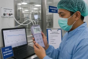 Teknisi QA/QC Indonesia menggunakan Differential Pressure Manometer PCE-P30-ICA untuk mengukur tekanan diferensial di cleanroom farmasi.
