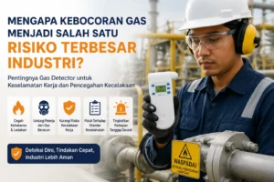 Pekerja industri Indonesia menggunakan gas detector portable untuk mendeteksi kebocoran gas dan meningkatkan keselamatan kerja di area industri.