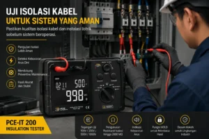 Teknisi listrik menggunakan PCE-IT 200 Insulation Tester untuk menguji tahanan isolasi kabel pada panel listrik industri sebagai bagian dari pemeriksaan keamanan instalasi dan preventive maintenance.