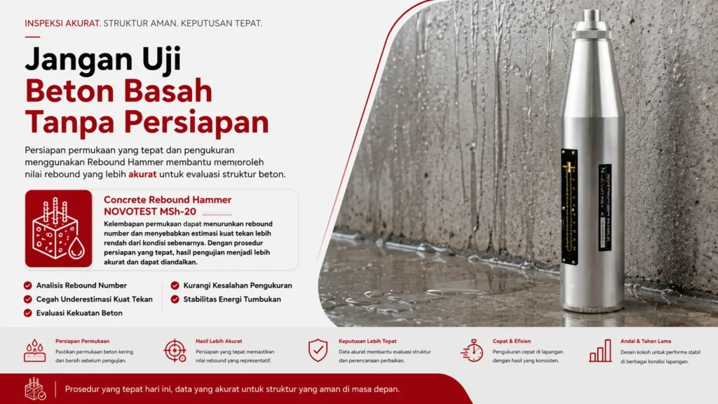 Persiapan permukaan yang tepat dan pengukuran menggunakan Rebound Hammer NOVOTEST MSh-20 membantu memperoleh nilai rebound yang lebih akurat untuk evaluasi struktur beton.