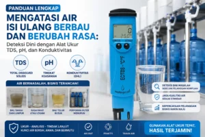 Feature image panduan mengatasi air isi ulang berbau dan berubah rasa yang menampilkan alat ukur Hanna EC/TDS/°C Waterproof Tester untuk pengukuran TDS, pH, dan konduktivitas, dengan latar depot air minum isi ulang serta ilustrasi berbagai masalah kualitas air.