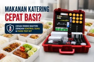 Feature image makanan katering cepat basi dengan latar belakang kotak nasi katering dan Food Contamination Test Kit untuk kontrol suhu serta deteksi cemaran makanan.