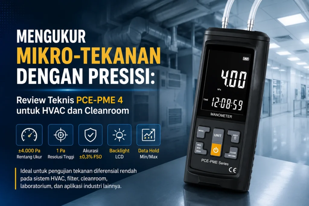 Feature image Differential Pressure Meter PCE-PME 4 untuk pengukuran mikro-tekanan pada sistem HVAC dan cleanroom, dengan latar fasilitas HVAC dan ruang bersih modern.