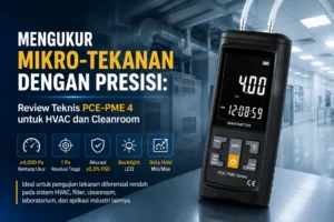 Feature image Differential Pressure Meter PCE-PME 4 untuk pengukuran mikro-tekanan pada sistem HVAC dan cleanroom, dengan latar fasilitas HVAC dan ruang bersih modern.
