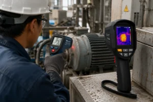 Teknisi memeriksa mesin produksi cepat panas menggunakan termometer inframerah
