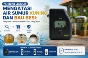 Feature image panduan mengatasi air sumur kuning dan bau besi yang menampilkan Milwaukee MW14 Digital Iron Tester di samping ilustrasi air sumur berwarna kuning, lengkap dengan visual diagnosis kualitas air, noda karat, serta rekomendasi alat ukur seperti TDS meter, pH meter, dan turbidity meter.