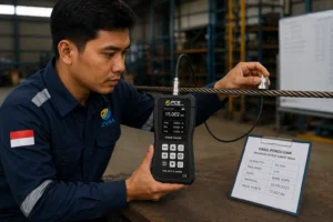 Teknisi Indonesia menggunakan force gauge digital PCE-DFG X Series untuk mengukur gaya tarik (breaking force) kawat baja di lingkungan industri.