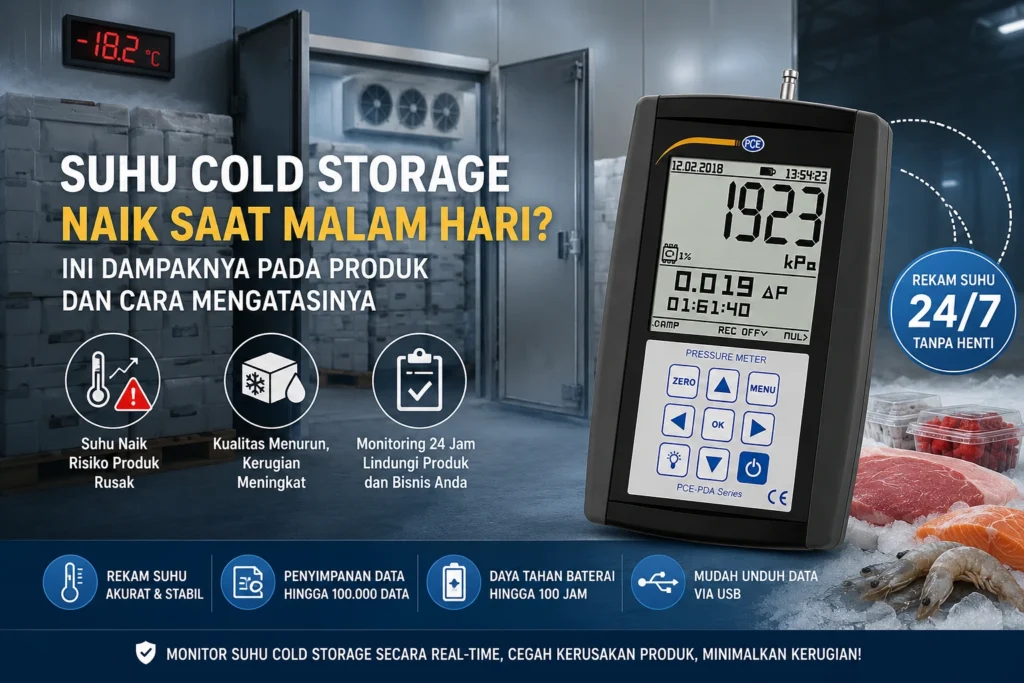 Feature image menampilkan ruang cold storage dengan pintu terbuka dan indikator suhu yang menunjukkan kenaikan temperatur. Di sisi kanan terdapat pressure meter/data logger PCE sebagai ilustrasi solusi monitoring suhu untuk mendeteksi fluktuasi suhu secara real-time dan mencegah kerusakan produk rantai dingin.